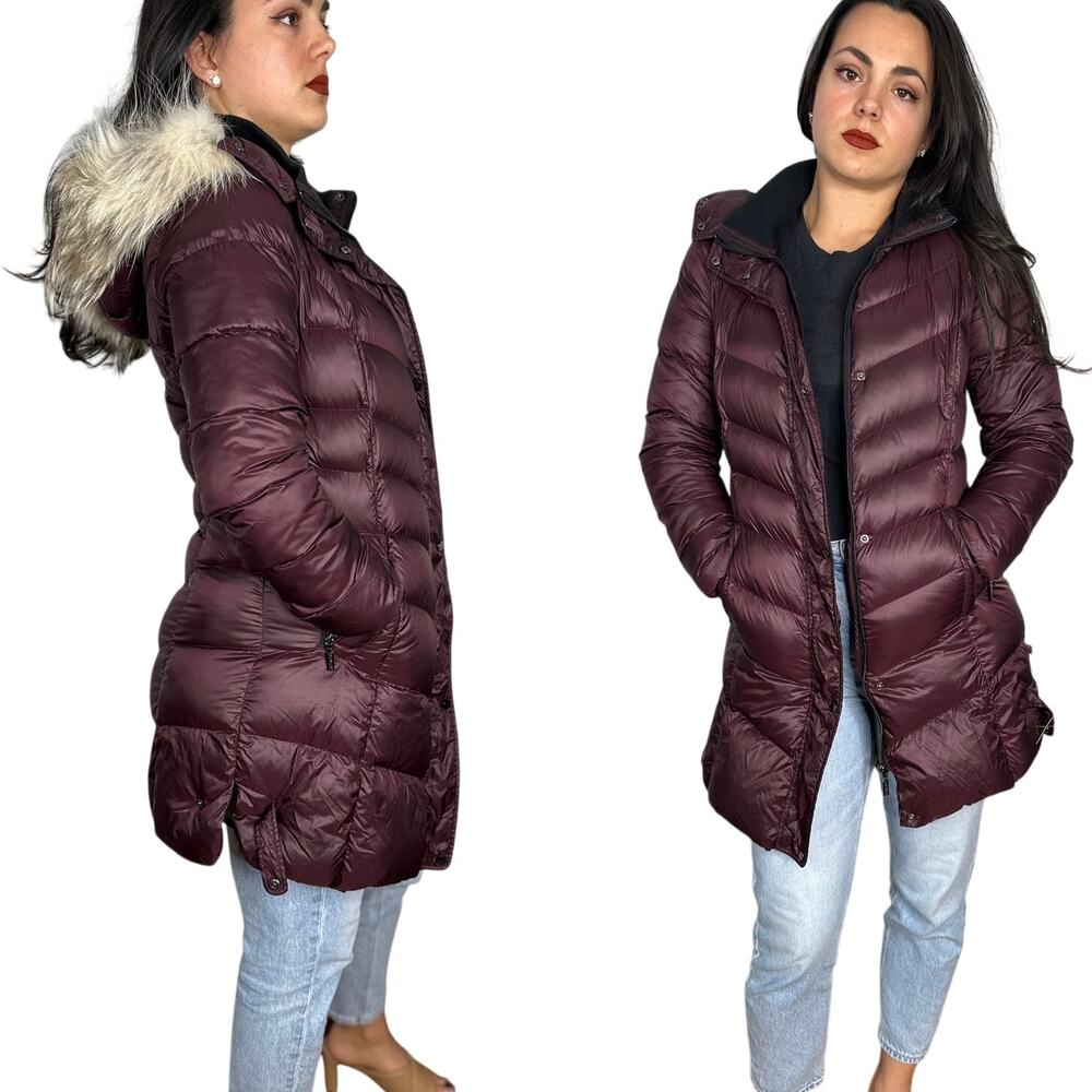 Bernardo Faux Fur Hooded Purple Mid Length Puffer Coat